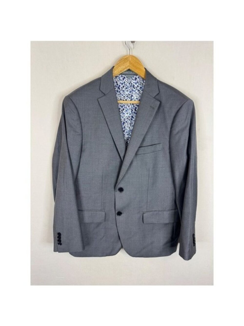 Indochino Mens 42S 100% Wool Gray 2 Button Blazer Floral Lining Custom Tailored